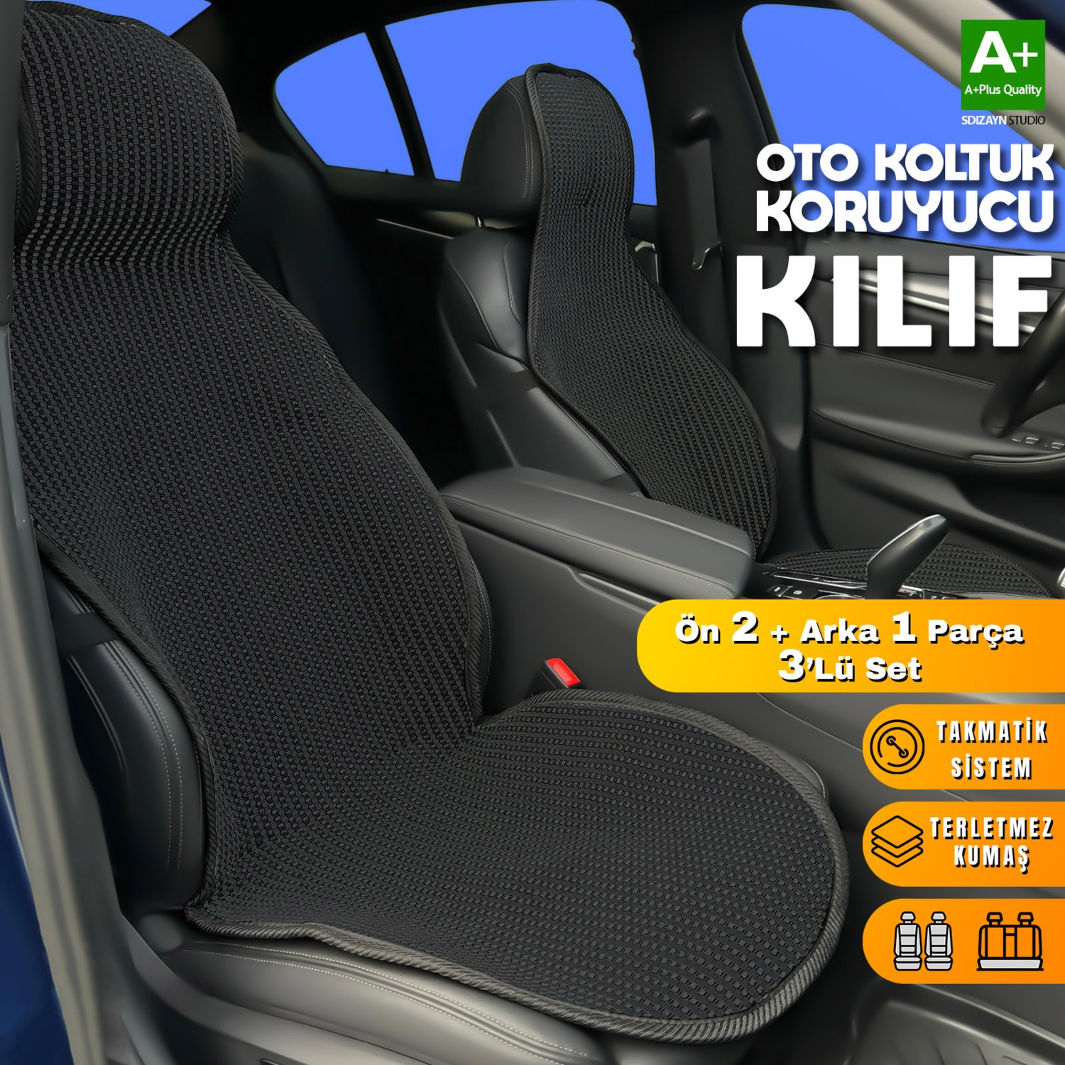 S-Dizayn Oto Koltuk Koruyucu Kılıf Siyah Universal 2+1 Parça Ön Arka A+ Kalite