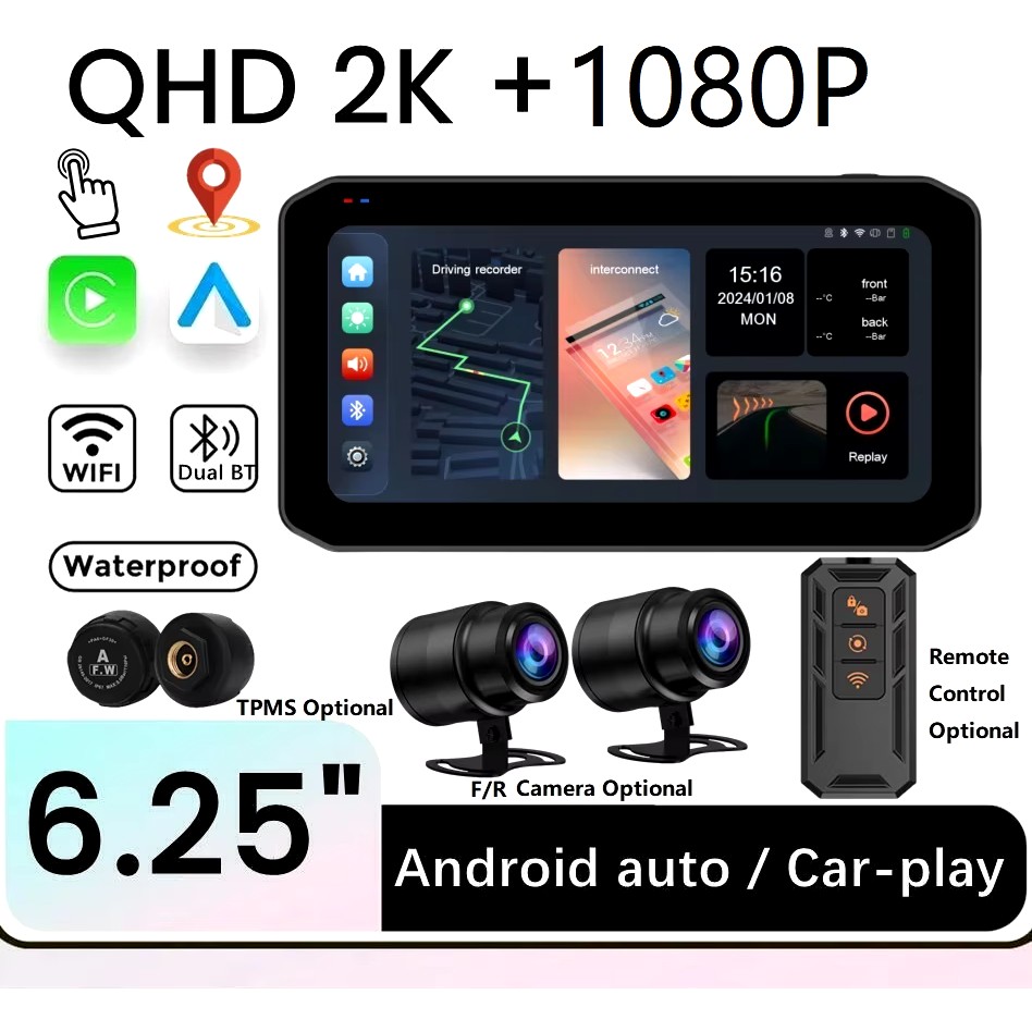Yeelock 6.25 Inç 2k Motorsiklet Carplay Lastik Sensörlü Gpsli 2 Kameralı Su Geçirmez Dokunmatik Ekran