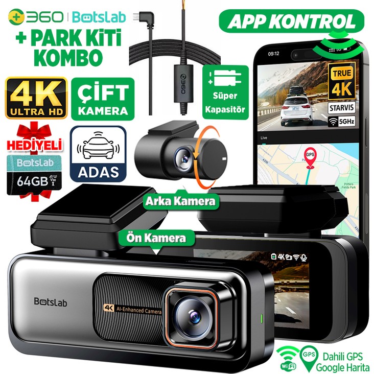 '+360 Botslab G980H Pro ADAS Ön Gerçek 4K UHD Arka 2K QHD 170° Geniş Açı Gps+WiFi Araç İçi Kamera + Park Modu