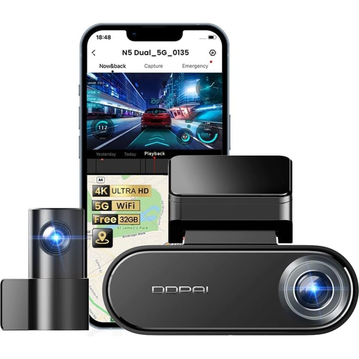 4K Dual Lens Araba Kamerası N5, 2160P+1080P, 5g Wifi, Gps, 32GB, 24 Saat Park Izleme