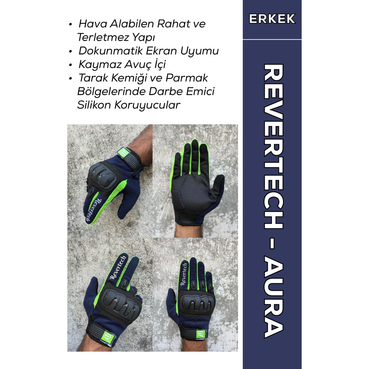 Motokit Revertech Aura Lacivert / Neon - Dokunmatik Ekran Uyumlu Motosiklet Eldiveni (Erkek)